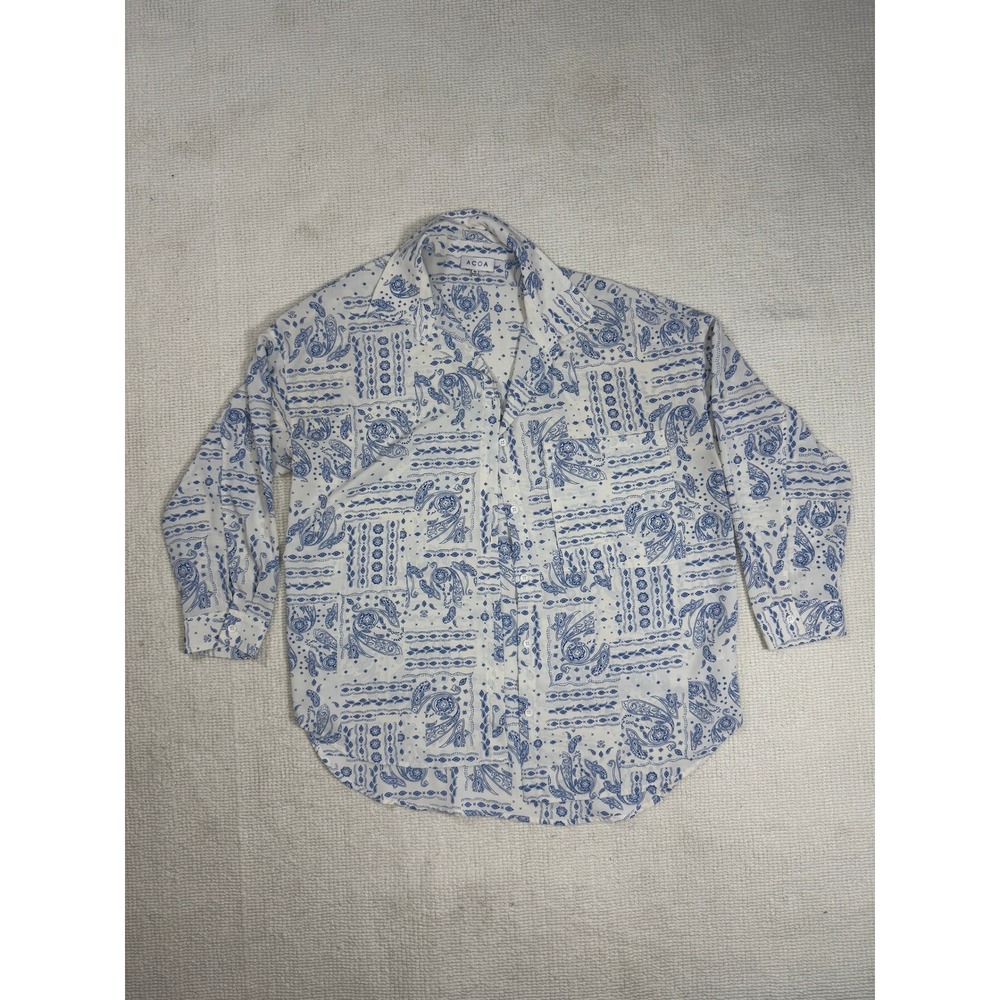 ACOA Blue White Paisley Bandana Patchwork Button Down Shirt Womens Medium